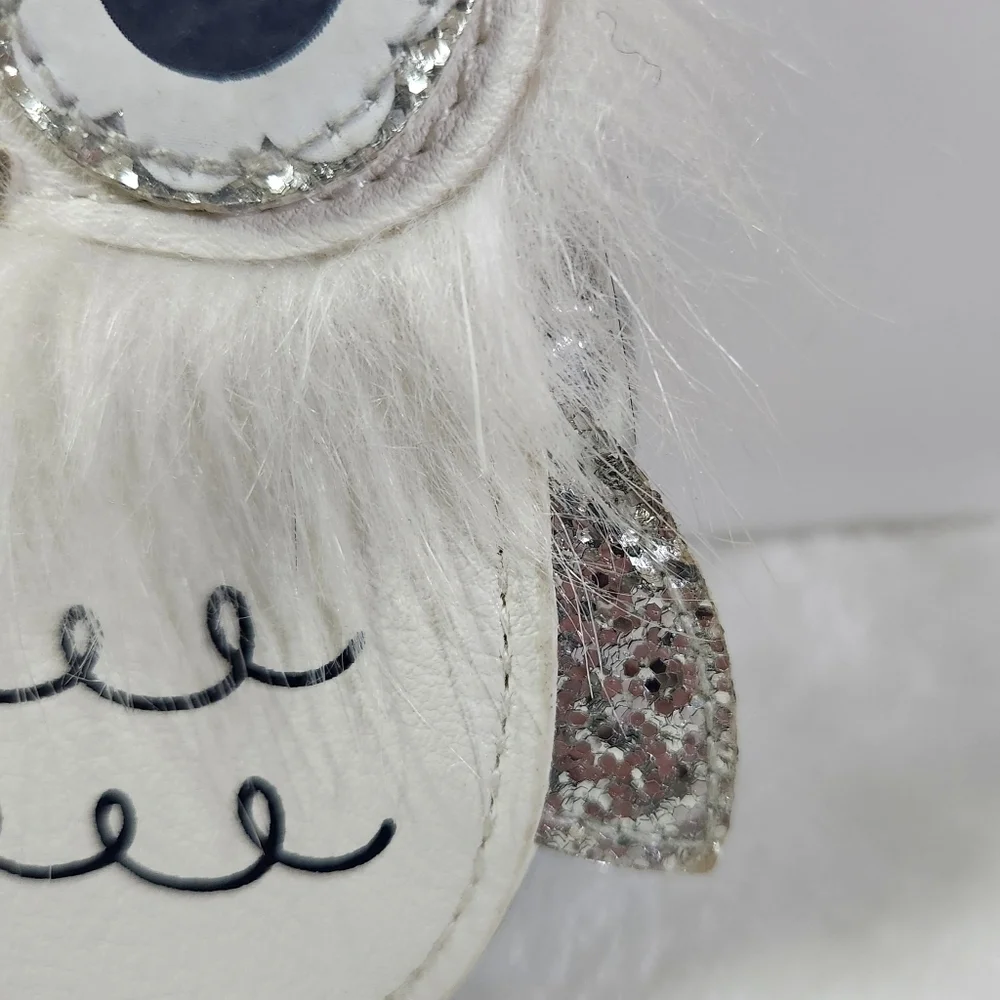 Target Owl Faux Leather Fur Trim White Silver Glitter Coin Purse Keychain NWOT